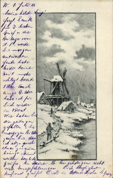 Artist Postcard Village scene in winter, windmill