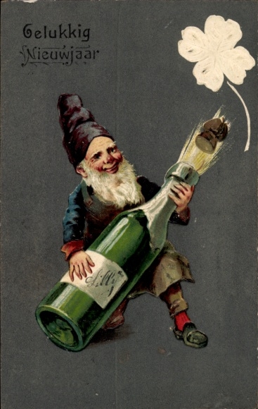 Coin with Happy New Year, dwarf with champagne bottle, cork, cloverleaf