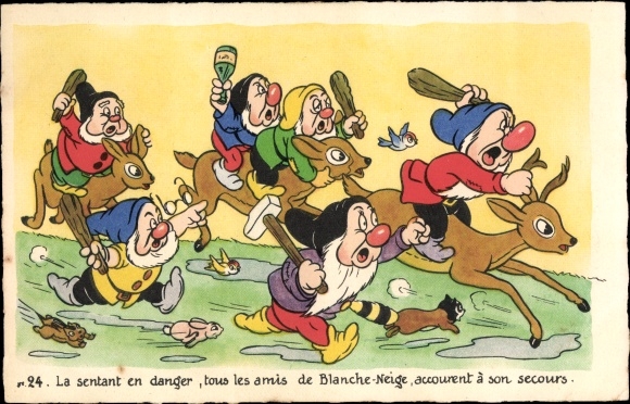 Artist Postcard Walt Disney, Die sieben Zwerge auf Rehen, Schneewittchen