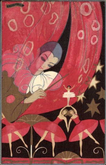 Artist Postcard Dancing Women, Harlequin, Stage