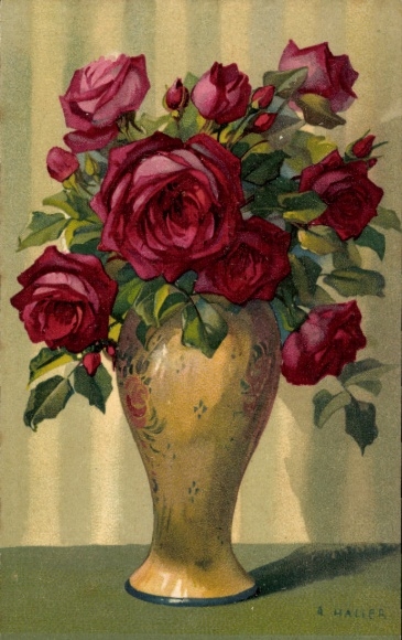 Artist Postcard Haller, A., bouquet of roses, flower vase