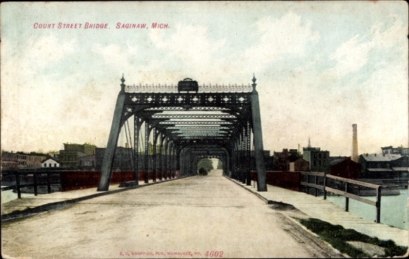 Postcard Saginaw Michigan USA, Court Street Bridge, bridge, water, cityscape