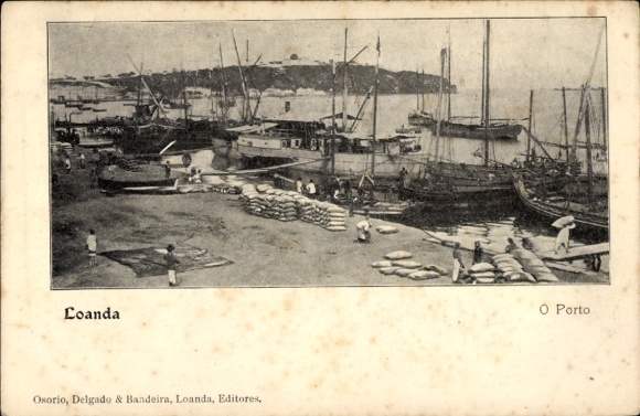 Postcard Loanda Angola, port, ships, goods, workers