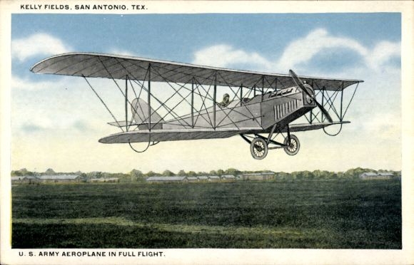 Postcard San Antonio Texas USA, Kelly Fields, US Army Airplane in Full Flight