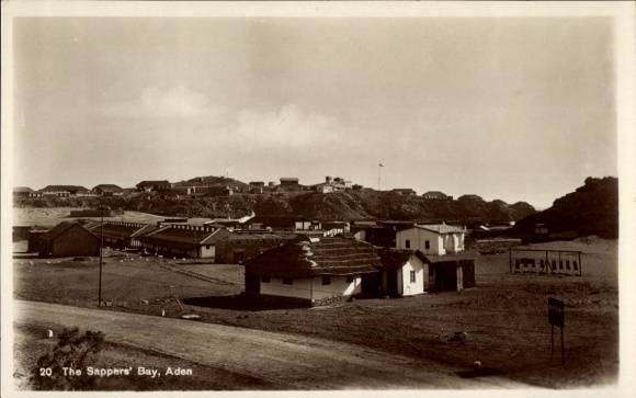 Postcard Aden Yemen, Sappers' Bay, landscape, buildings, hills, black and white photo