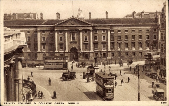 Postcard Dublin Ireland, Trinity College, College Green, trams, people