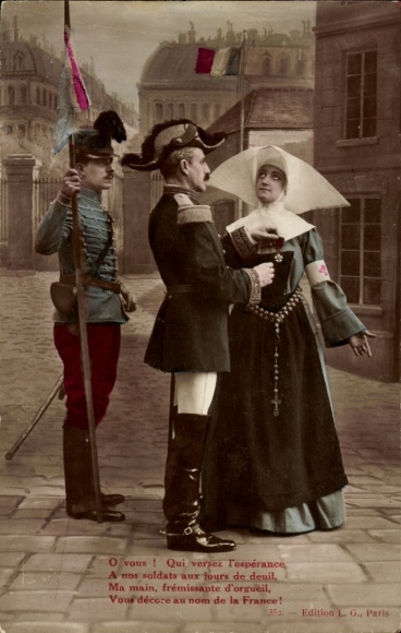 French soldiers, nun, Red Cross, colored