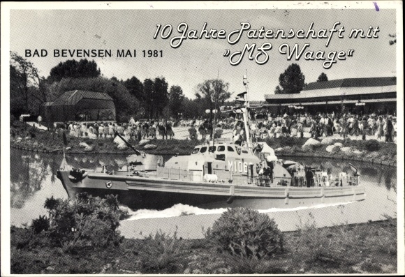 Postcard Bad Bevensen in Lower Saxony, 10 years sponsorship MS Waage 1981, fast minesweeper