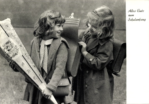 Congratulations on starting school, girl with schoolbag, candy cone