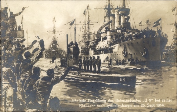 Artist PC Stöwer, Willy, Wilhelmshaven, return submarine U 9, 1914