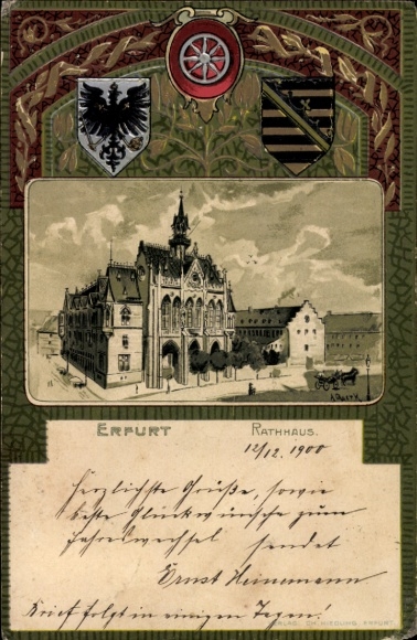 Artist embossed coat of arms litho Querk, A., Erfurt in Thuringia, Town Hall