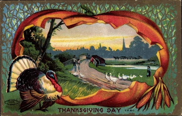 Postcard Thanksgiving Turkey Pumpkin Country Theme