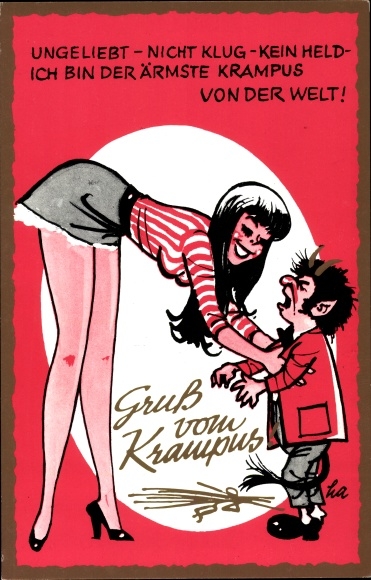 Artist Postcard Krampus, Unloved, not smart, not a hero, brunette in a miniskirt, legs, breasts
