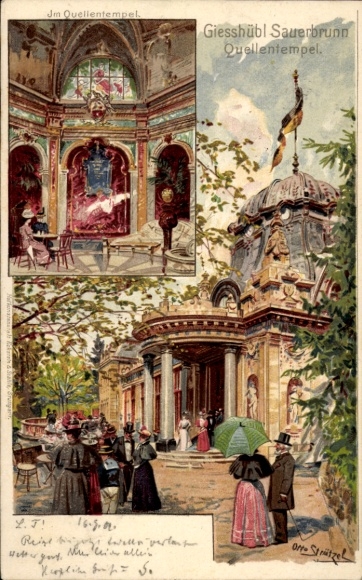 Artist Postcard Strützel, O., Gießhübl Lower Austria, Sauerbrunn, spring temple