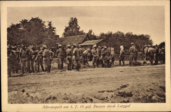 Postcard transport on 1.7.1916 captured Russians through Latygol, Belarus