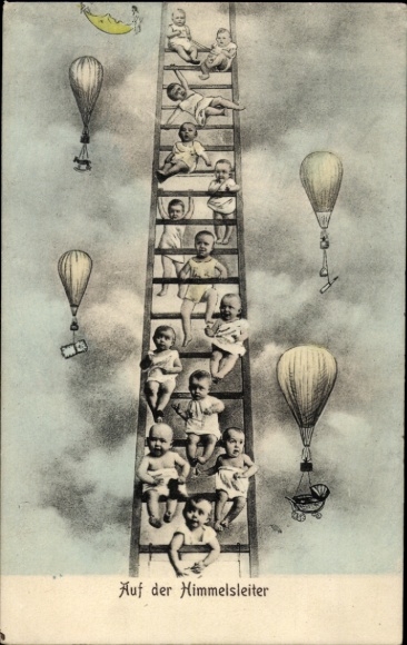 Postcard Babies on the ladder to heaven, birth, balloons, strollers, toys