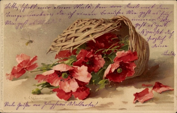 Artist Lithographer: Klein, Catharina, Flowers in a wicker basket, Bee, Meissner & Buch