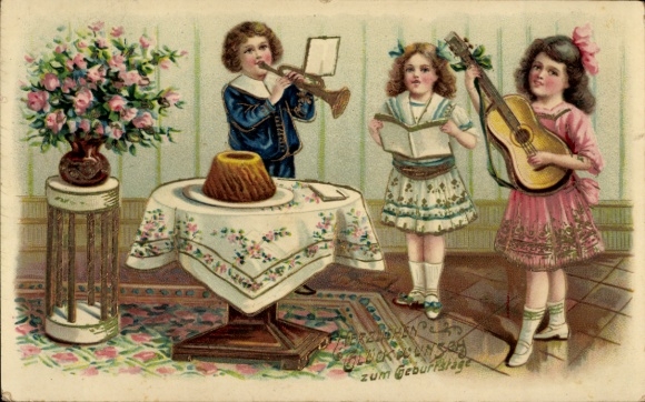 Congratulations on your birthday, flowers, children, concert at home, Bundt cake