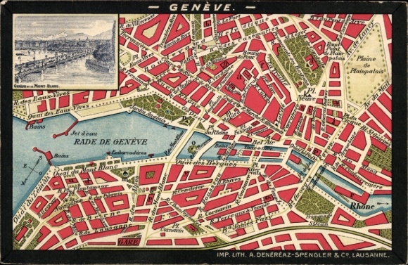 City map of Geneva, Switzerland, panorama, bridge, Mont Blanc, Place Neuve, Plaine de Plainpalais