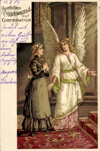 Artist Chromo-Litho Mailick, Congratulations Confirmation, Angel and Young Woman