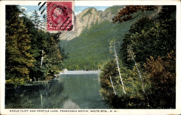 Postcard Franconia Notch New Hampshire, Eagle Cliff, Profile Lake, mountain landscape, impressive nature