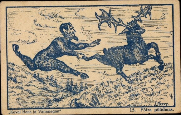 Artist Postcard Nerer, Estonia, engraving, Vanapagan tries to catch a reindeer