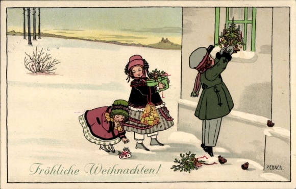 Artist Postcard Ebner, Pauli, Merry Christmas, Children at the window, Mistletoe, Gifts