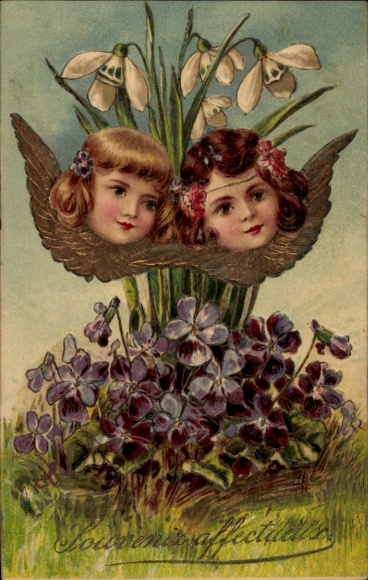 Embosser lithograph of angel faces, snowdrops, violets