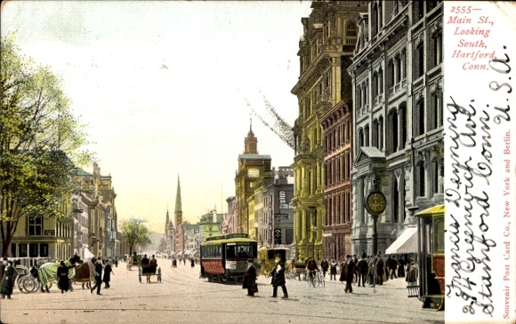 Postcard Hartford Connecticut USA, main street, streetcar