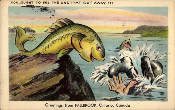 Postcard Fallbrook Ontario, Canada, fisherman flees from fish