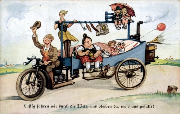 Postcard Newest single-family bed motorcycle, motorcycle with family car, gramophone