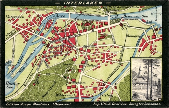City map Postcard Interlaken Canton Bern Switzerland, Aare, main station, Restaurant Harderkulm