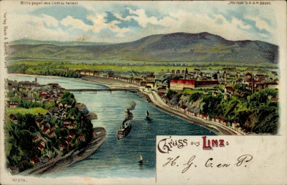 Stop against the light, lithograph, Linz on the Danube, Upper Austria, general view