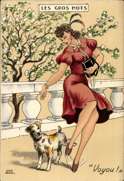 Postcard dog urinates on a woman