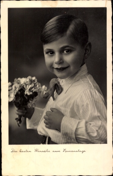 Happy name day, boy with flowers