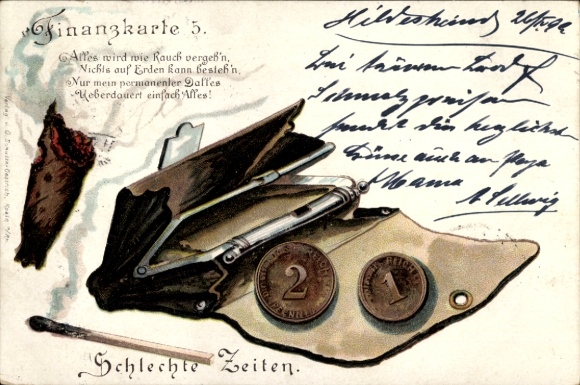 Lithograph: Financial card, pennies in wallet, cigar, match, bad times