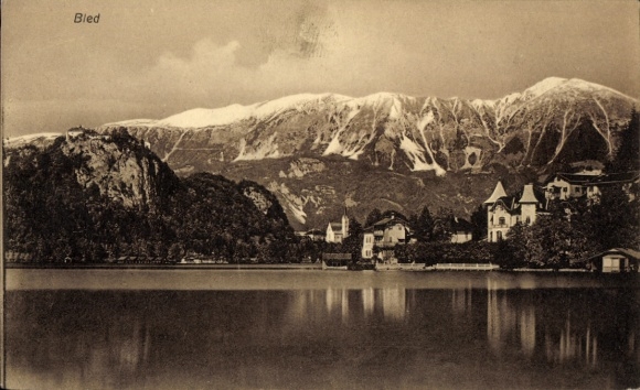 Postcard Bled Veldes Slovenia, mountains, lake,