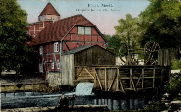 Postcard Plau am See Mecklenburg, Eldepartie near the old mill