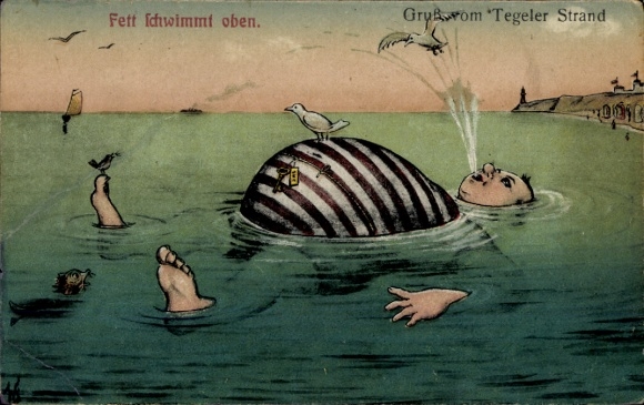 Artist AK Berlin Zehlendorf Wannsee, Fat floats on top, fat man in a swimsuit