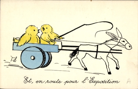 Artist Postcard Til, donkey pulling chicks in a cart