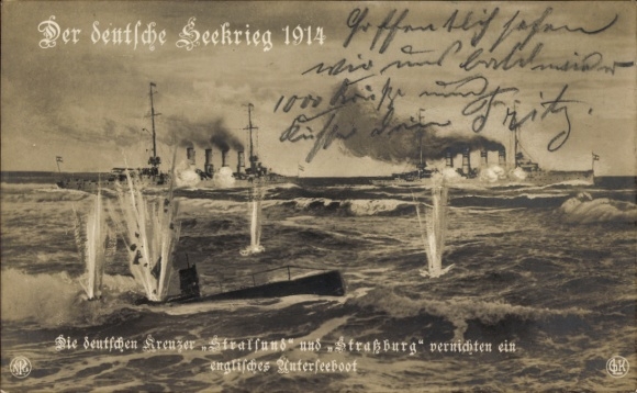Artists Postcard German cruisers Stralsund and Strasbourg destroy English submarine