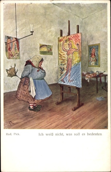 Artist Postcard Pick, Rud., I don't know what it means, fat woman looks at female nude