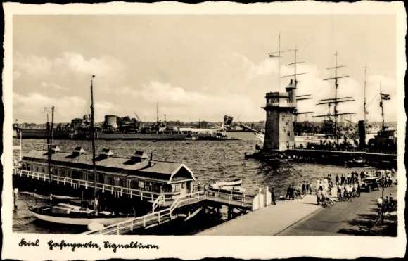 Postcard Kiel, naval port, German warships, Leander class, HMS Achilles