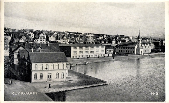 Postcard Reykjavik Iceland, houses on the water, general view, church