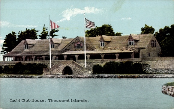Postcard Thousand Islands Ontario Canada, Yacht Club House, flags, water,