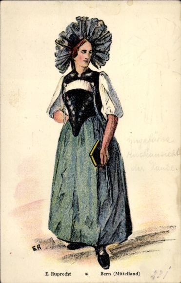 Artist Postcard Ruprecht, E., Woman in Swiss costume, Bern Mittelland