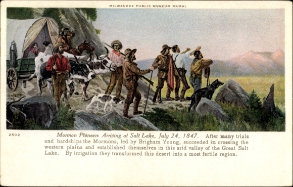 Postcard Wisconsin USA, Mormon Pioneers arriving at Salt Lake 1847, Milwaukee Public Museum Mural
