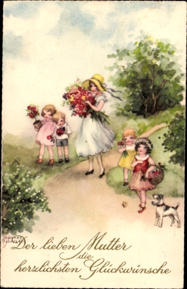 Artist Postcard Petersen, Hannes, Happy Mother's Day, Children with Flowers