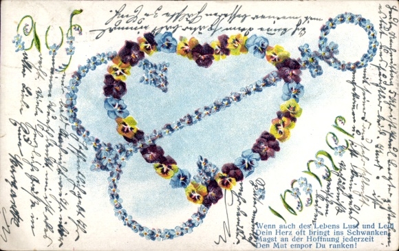 Postcard Immer, heart made of pansies, anchor made of forget-me-nots