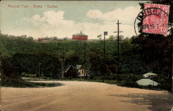 Postcard Durban South Africa, Mitchell Park, Berea, street, trees, postmark